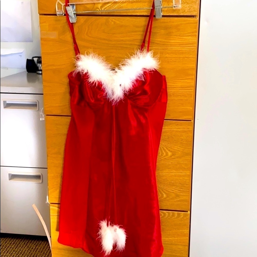 Christmas Seductive Wear by Cinema Exoile Red Satin White Feather Nightgown